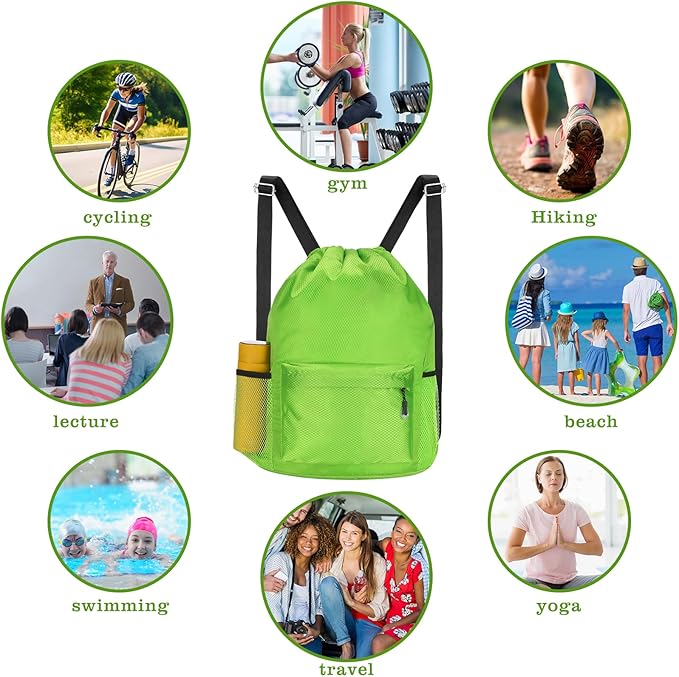 Waterproof Drawstring Bag, Lightweight String Backpack with Water Bottle Holder and Pockets, Gym Sports Cinch Sackpack (Green)