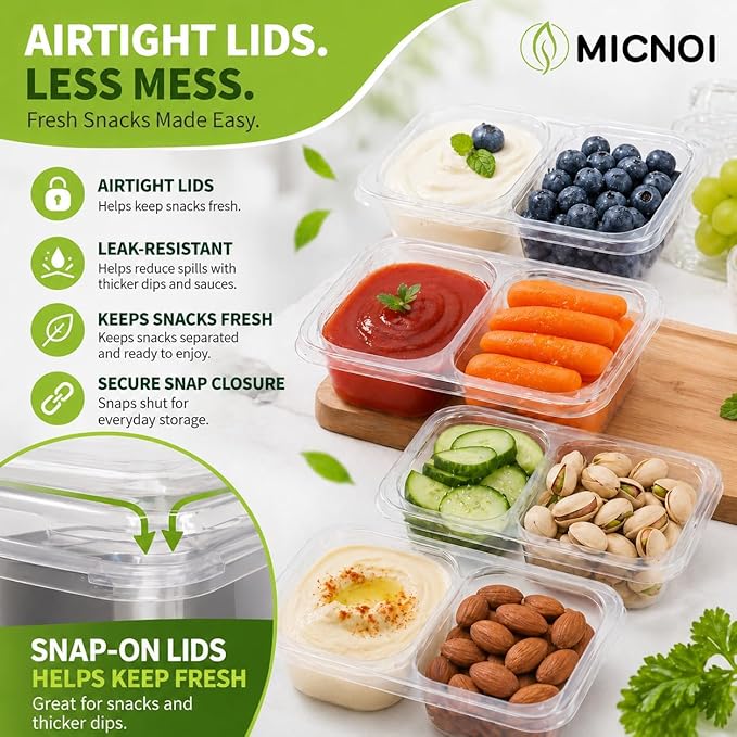 Snack Pack Containers, Reusable 2 Compartment Condiment Containers with Lids, Ideal for On-the-Go Mini Sauce Boxes & Snack Prep Containers for Kids and Adults, BPA-Free