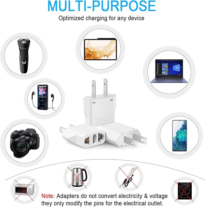 6 Pack European to US Plug Adapter, American Travel Plug Adapter, 220V to 110V Adapter Plug, Europe to USA Power Plug Converter, Type A, White