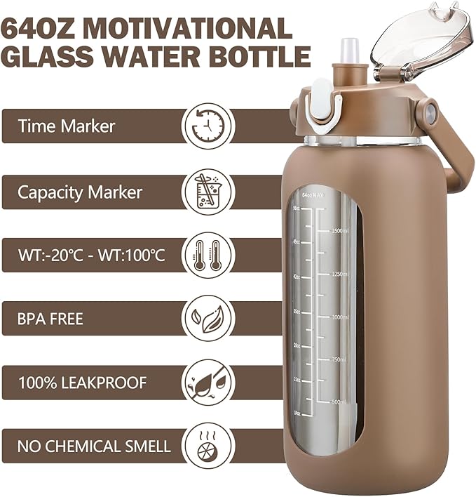 64oz Glass Water Bottles with Straw, Half Gallon Motivational Glass Bottle with Silicone Sleeve and Time Marker, 2L Leakproof Large Glass Water Jug for Gym Home Office,Amber
