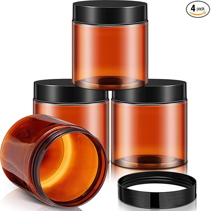 Patelai 4 Pieces Round Wide-mouth Leak Proof Plastic Container Jars with Lids for Travel Storage Makeup Beauty Products Face Creams Oils Salves Ointments DIY Making(8 Ounce,Amber)