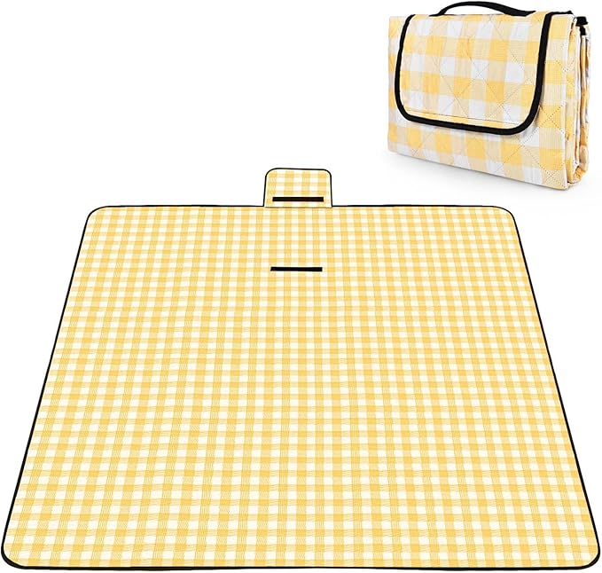 OBTANIM Extra Large Picnic Blanket 80 x 80 Inch Waterproof Foldable Beach Blankets Outdoor Picnic Mat for Camping Grass Lawn Park Music Festival Party Accessories (Yellow and White)
