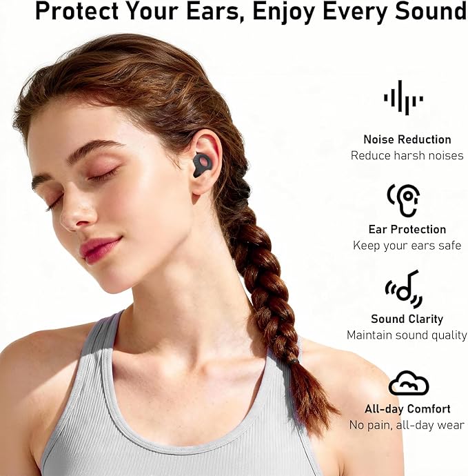 Noise Cancelling Ear Plugs for Personal Use, Sleeping, Concerts & Travel – Reusable Silicone Earplugs for Noise Reduction & Hearing Protection – 4 Pairs, Black + Black