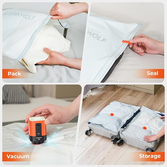 ETENWOLF 20 Pack Vacuum Seal Bags for Clothing with Rechargeable Wireless Pump,Travel Vacuum Storage Bags for Luggage and Suitcase Space Saver Compression Bags in 4 Carry-On Sizes (20/22/24/28Inch)