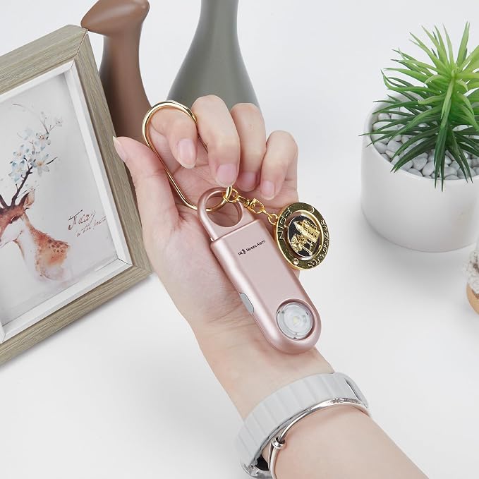 Rechargeable 135 dB Personal Alarm for Women 2-in-1 Flashlight Ultra-Bright Strobe Light. Students Kids Safety SOS Keychain Siren. Loud Emergency Hiking Bear Alerts Long Battery Life. Rose Gold