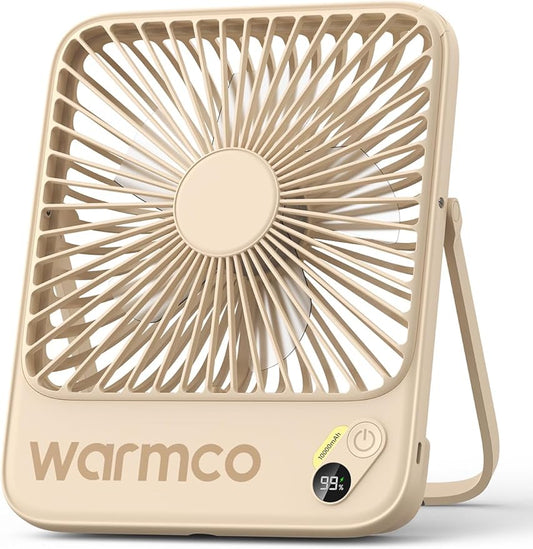 Warmco 10000mAh Portable Travel Fan 7-inch, Up to 24H Runtime, Ultra-thin Quiet Rechargeable Battery Operated Desk Fan with Digital Display for Camping, Office, Bedroom, Cruise Essentials
