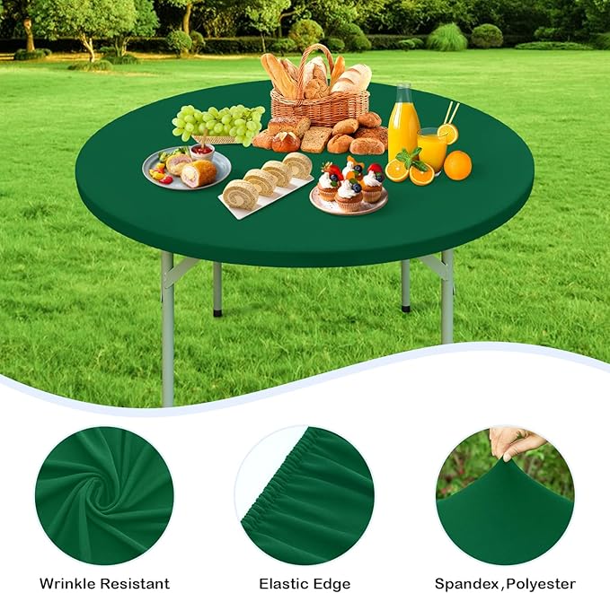 Wolkemer 2 Pack 5 Foot Green Fitted Tablecloth 60 Inch Round Elastic Edges Table Cloth, Spandex Stretch Table Cover with Machine Washable Fabric for Wedding Party Picnic Dining Indoor Outdoor
