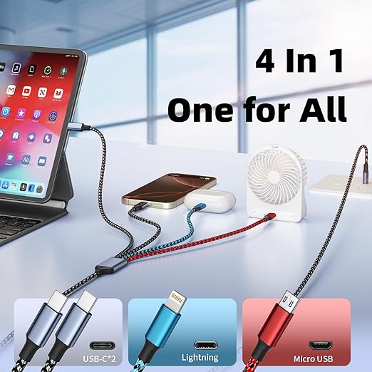 USB C 4 IN 1 Multi Charging Cable, Travel Essentials with Dual Type-C/Micro/IP Port, 2 Packs 5FT Nylon Multiple Charger Cord for iPhone 17 Pro Max/17 Air/16/15/14, Galaxy S25, iPad, Andorid and More