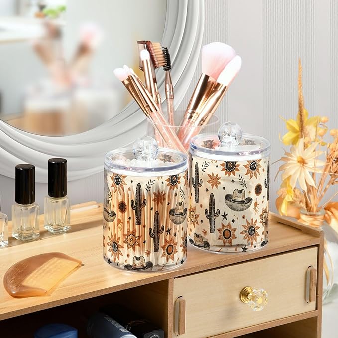 2 Pack Qtip Holder Organizer Dispenser Western Cowboy Hats Suns Cactus Bathroom Storage Canister Cotton Ball Holder Container for Cotton Pads/Swabs/Floss