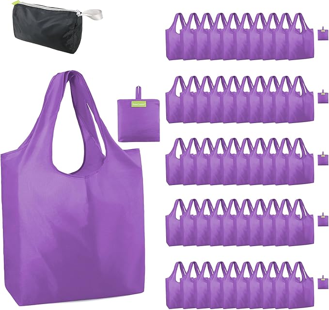 BeeGreen Purple Reusable Grocery Bags Wholesale Purple Reusable Kitchen Bags Bulk Foldable-Machine Washable with Zipper Storage Pouch 50 Packs