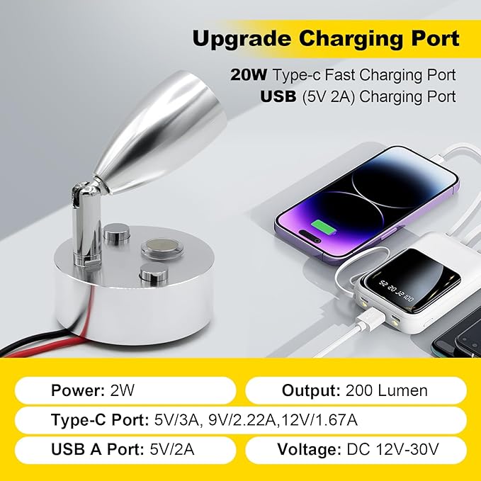 12V LED RV Interior Reading Light, Dimmable, with Dual USB Ports, RV Bedside Reading Light with Touch Switch, for Campers and Travel Trailers