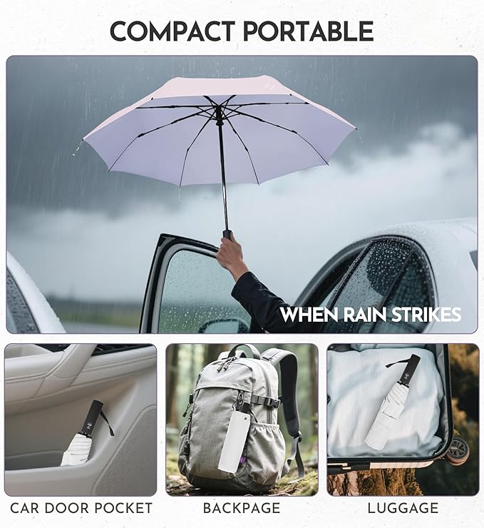 Windproof Travel Umbrella for Rain - 43" Compact Folding Umbrella, Reinforced Strong Frame, Lightweight Portable Parasol with UPF 100+ UV Sun Protection, Cruise Ship Essentials