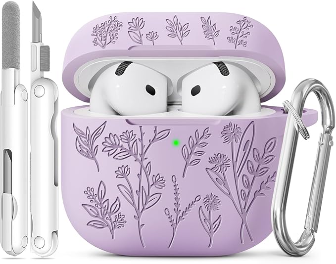 for Airpods 4 Case, Ekoonpft Flower Engraved Cases for Apple AirPods 4th Generation 2024, Soft Silicone Cover for Women Girly with 3-in-1 Cleaning Kit & Keychain, Anti-Scratch, Shockproof