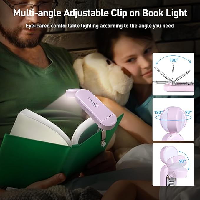 VAVOFO USB Rechargeable Book Light, Blue Light Blocking, Amber Light Clip On Bookmark Shaped Reading Light, Eye Care 6 LEDs Book Light for Bookworms Reading in Bed with 9 Lighting Modes (Pink Purple)