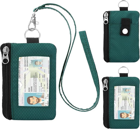 Minimalist RFID Wallet with Lanyard, Multi-Functional ID Case with 2 Zipper Pockets and Key Chain for Men and Women, Tactical Badge Pouch Cards Holder, Coin Purse for Travel Sports-DarkGreen