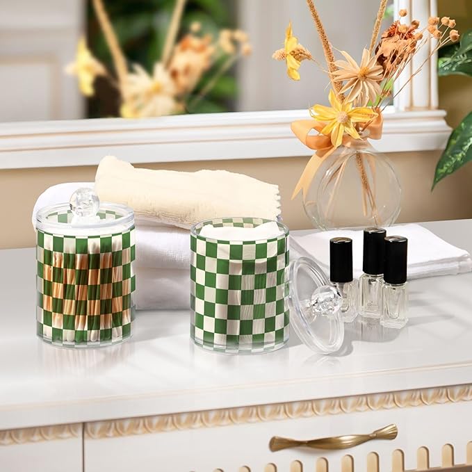 2 Pack Qtip Holder Organizer Dispenser Green White Checkered Pattern Bathroom Storage Canister Cotton Ball Holder Container for Cotton Pads/Swabs/Floss