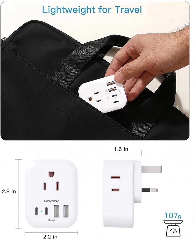 US to UK Plug Adapter 2 Pack, HANYCONY Type G Adapter for Travel with 4 Outlets 4 USB (2 USB C), Power Adapter for US to Ireland London Scotland Kenya Dubai Singapore Hong Kong