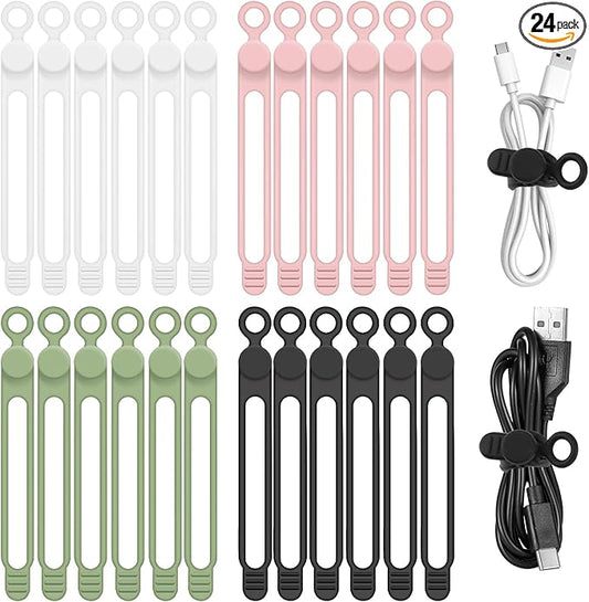 Silicone Cable Organizer Ties, Reusable Elastic Cord Ties 4.2in for Charging Cables, Electrical Cords Computer Wire Organization(24Pcs, 4Colors)