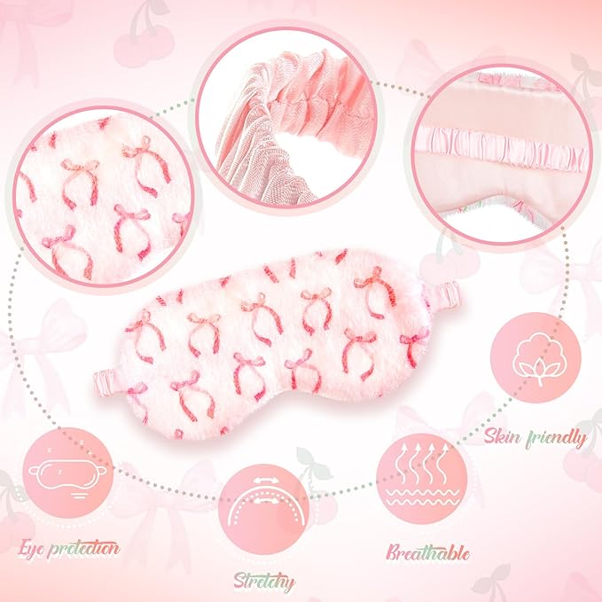Cuffbow 6 Pack Plush Sleep Mask Set, Cute Plush Eye Masks for Sleeping, Soft Comfortable Travel Nap Blindfold, Sleepover Party Favors for Women(Bow,Pink)