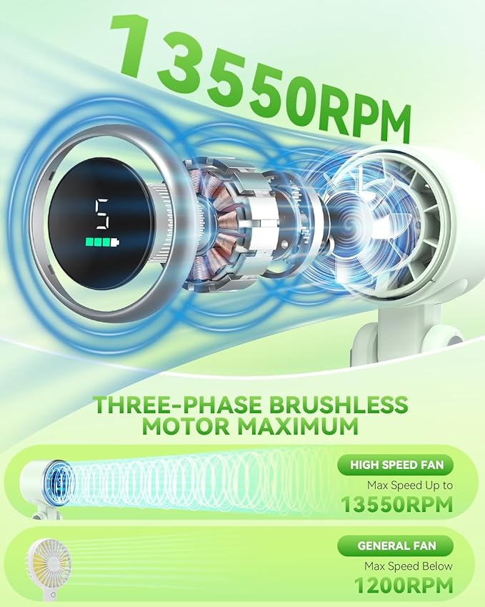 PlayHot Portable Handheld Turbo Fan, 5-Speed Personal Fan, USB-C Rechargeable Fan Up to 12 Hours, 3 IN 1 Hand Fan with Air Turbo Tech Cooling, Travel Fan for Cruise, Beach, Gifts for Women (Green)