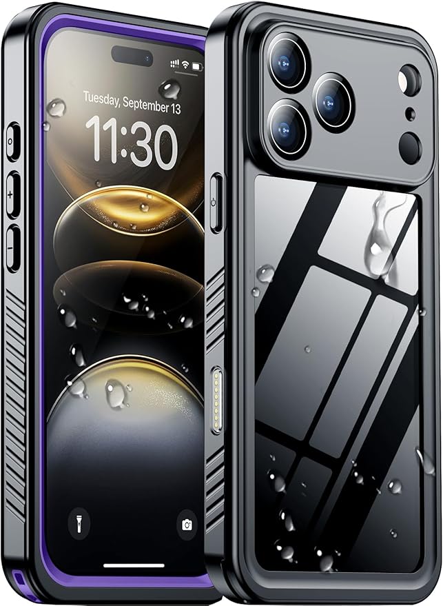 Compatible with iPhone 17 Pro Max Case,Waterproof Built-in Screen & Camera Protector IP68 Underwater Full Body 17FT Military Dropproof Shockproof Phone Case 6.9"-Purple/Clear