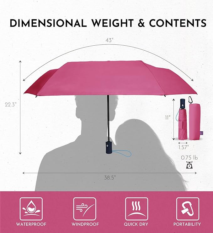 Windproof Travel Umbrella for Rain - 43" Compact Folding Umbrella, Reinforced Strong Frame, Lightweight Portable Parasol with UPF 100+ UV Sun Protection, Cruise Ship Essentials