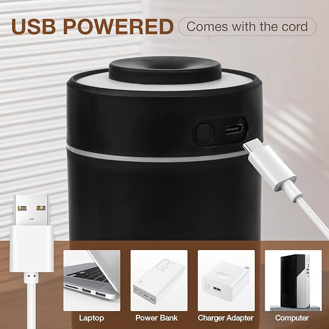 Small Mini Humidifier, USB Desk Cool Mist Humidifier Personal Portable Quiet Table Desktop Humidifiers for Cooling Home Office Car Summer Travel (180ml, Black)