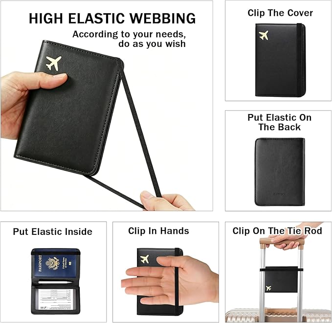 ZOPPEN RFID Blocking Passport Holder for Travel – PU Leather Waterproof Lightweight Passport Cover Wallet for Women Men, Travel Organizer with Card Slots for Airline Tickets & Passport Book (Black)
