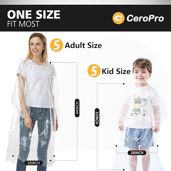 Disposable Rain Ponchos Family Pack Emergency Waterproof Clear Ponchos with Hood Disposable Raincoat 10 Pack (5 Adult 5 Kids)