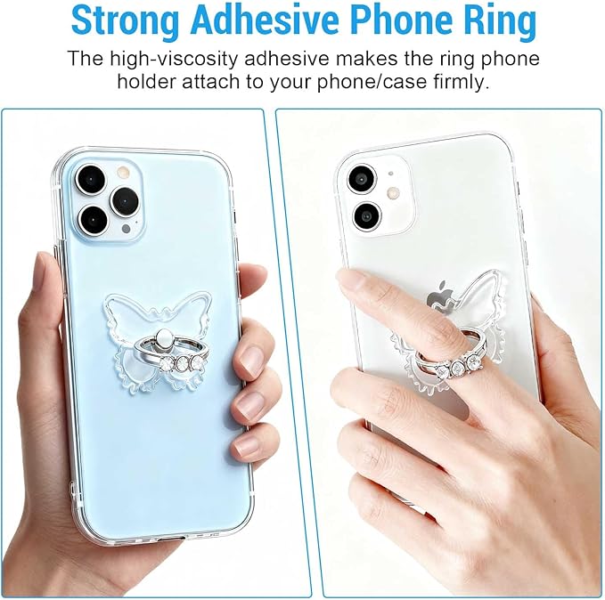 2PcsTransparent Phone Ring Holder Grip, Clear Butterfly Cell Phone Ring Holder Stand with Diamonds,360°Rotation Finger Grip Ring Kickstand Compatible with Most Smartphones,Tablets and Case