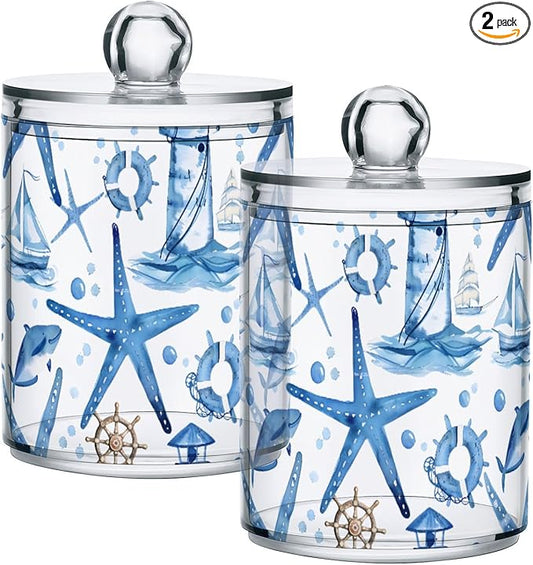 2 Pack Qtip Holder Organizer Dispenser Starfish and Lighthouse Bathroom Storage Canister Cotton Ball Holder Container for Cotton Pads/Swabs/Floss
