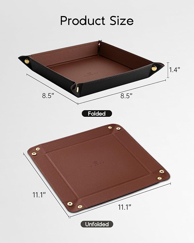 VLANDO Valet Tray for Men Women, Nightstand Organizer Vanity Catchall Holder for Dresser Desk Storage Bedside, Travel PU Leather Jewelry Key Bowl Coin Watches and Candy Entryway Tray - Large, Brown | Large PU leather tray for keys, wallet, watch, coins...