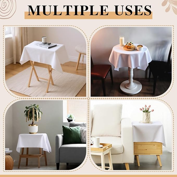 Oudain 4 Pcs Small Tablecloth Washable Fabric Folding TV Tray Table Cloth Polyester Solid Color Nightstand Cover for Bedside Table Side Outdoor Indoor(White, 24 x 36 Inch, Classic Edge)