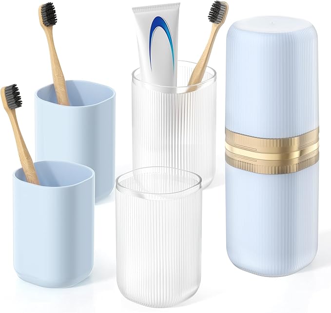 Quatish 4-in-1 Toothbrush Travel Case, Portable Toothbrush Holder with 4 Rinse Cups, Large-Capacity Storage for Toothbrush & Toothpaste, Ideal for Travel, Home, Camping, Gym, Business Trip (Blue)