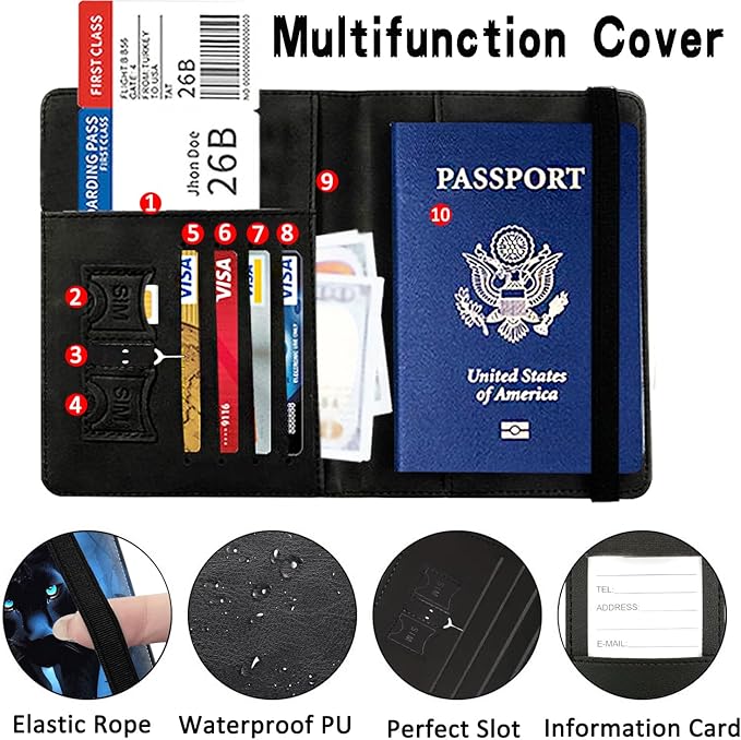 Passport Wallet, Passport Holder with RFID Blocking and Luggage Tag, Waterproof PU Leather Travel Documents Organizer Case, Passport Covers with Card Slot for Women & Men, Black Tiger Passport Book