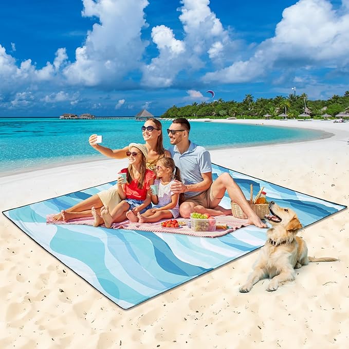 HIHOHO Beach Blanket Waterproof Sandproof Beach Mat for 1-8 Adults Quick Drying Durable Outdoor Picnic Mat for Beach Festival Travel Camping Hiking (Ocean Wave-Multi Blue, 79"×83"(4 Person))