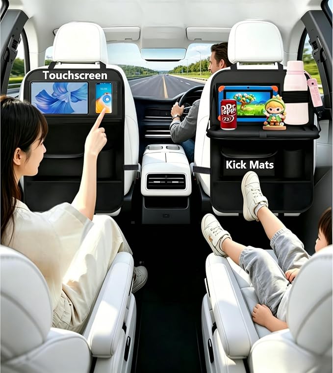 TCJJ Car Seat Organiser, Car Organiser Back Seat for kids, Car Backseat Seat Kick Protector with Tray and Touch Screen Tablet Storage Pockets (1 Pack with Food Tray-Black)