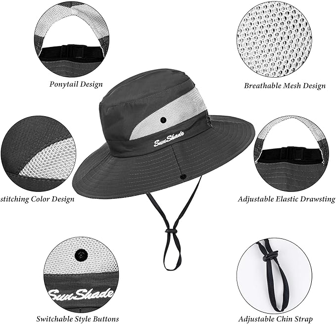 Sun Hat for Women Summer UV Protection Beach Hat Wide Brim Mesh Bucket Fishing Hat with Ponytail Hole Foldable Packable Hat