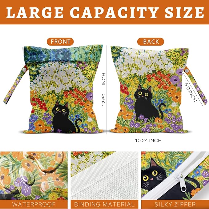 Black Cat Floral Wet Dry Bags Reusable Waterproof Wet Bags Swimsuit Bag Diaper Pouch for Swimsuits Travel Diapers Towels Beach Gym Cat Gifts for Women Friend Travelers 10 x 13 Inches
