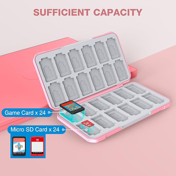 HEIYING Switch Game Case for Nintendo Switch 2/Lite/OLED, Pink Memory Games Holder with 24 Game Card Slots and 24 Micro SD Cards Slots