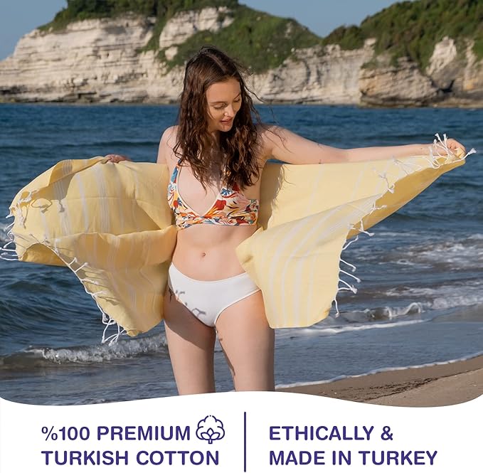 Turkish Beach Towels, Pack of 6 | Oversized, Quick Dry, Sand Free | 100% Cotton, Large 38x71 Towels for Beach, Pool, Travel | Ultra-Soft, Compact, and Absorbent | Yellow