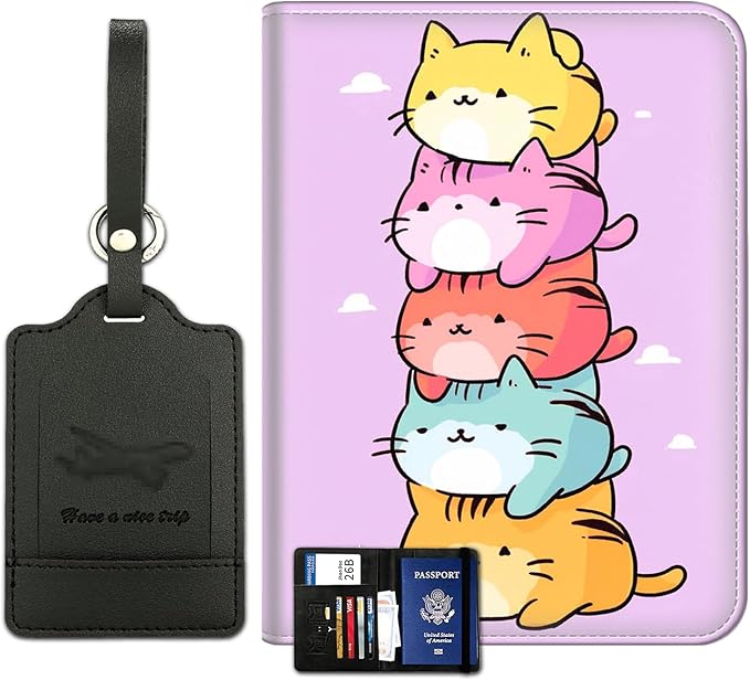 Passport Wallet, Passport Holder with RFID Blocking and Luggage Tag, Waterproof PU Leather Travel Documents Organizer Case, Passport Covers with Card Slot for Women & Men, Gay Pride Cats Passport Book