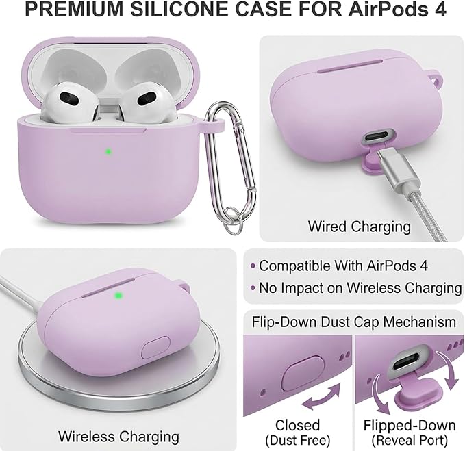 Silicone Case Cover for AirPods 4th Gen, Soft Skin with Cleaner Kit, Keychain, Full Protection for Men & Women (Lavender)