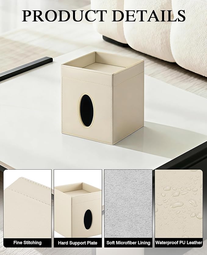 Luxspire Square Tissue Box Cover, PU Leather Square Tissue Box Cover with Storage Tray, Tissue Box Holder, Tissues Cube Boxes Cover for Living Room, Bedroom Countertop Cars Hotels, Khaki