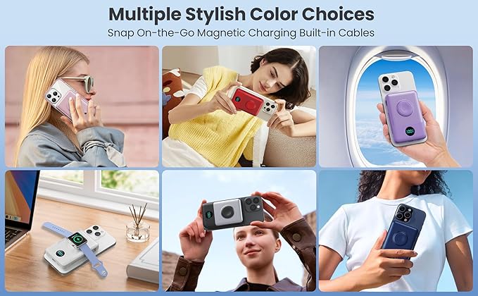 Ekrist Magnetic Portable Charger for MagSafe with Built-in Cable,iWatch Charger,Wireless Power Bank Travel Essentials,25W Fast Charging Battery Pack for iPhone 17/16/15,Apple Watch(Pink,10800mAh)