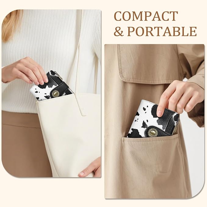 Icycay Cow Black Wallet Women Small RFID Blocking Bifold, Credit Card Holder, Zipper Coin Pocket, PU Leather, Compact, Travel, 4 ID Window, 14 Card Slots, Cash Purse, Ladies Woman Female Girls