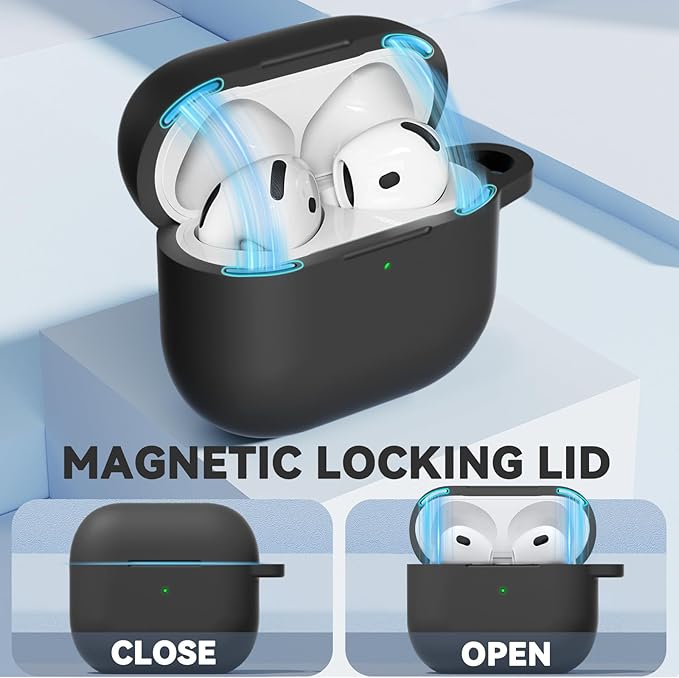 Ljusmicker for AirPods 4 Case 2024 with Cleaner Kit,Soft Silicone Protective Cover for Apple AirPods 4th Generation Cases for Women Men,for AirPod 4 Case Accessories with Keychain-Magnetic Black