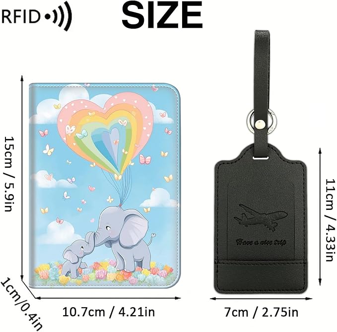 Passport Wallet, Passport Holder with RFID Blocking and Luggage Tag, Waterproof PU Leather Travel Documents Organizer Case, Passport Covers with Card Slot for Women & Men, Cute Cartoon Elephant