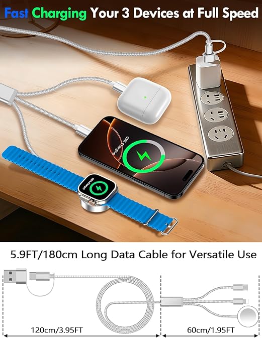 Travel Essentials for Apple Watch Charger,iPhone Charger,3 in 2 Type C/Lightning/Magnetic Travel Charging Cable,Portable Multi Charging Cable for Apple Watch, iPhone 17‑11,Samsung S26,Car,iPad-6FT
