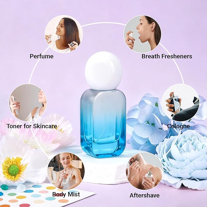 Segbeauty 1oz Fine Mist Glass Spray Bottles Empty for Travel, 2pcs Square Blue Perfume Refillable Travel Size Spray Bottle with Round Cap, 30ml Perfume Atomizer Sprayer, Small Liquid Containers Bottle